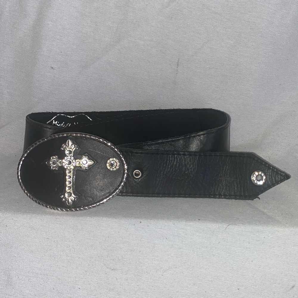 Michelle Monroe Black Leather Belt with diamond bezel cross